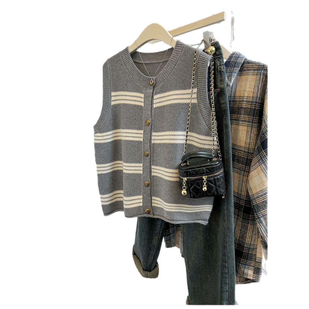 Cardigan de punto a rayas chaleco de mujer 2025 primavera y otoño suéter de hombro suéter chaleco chaleco