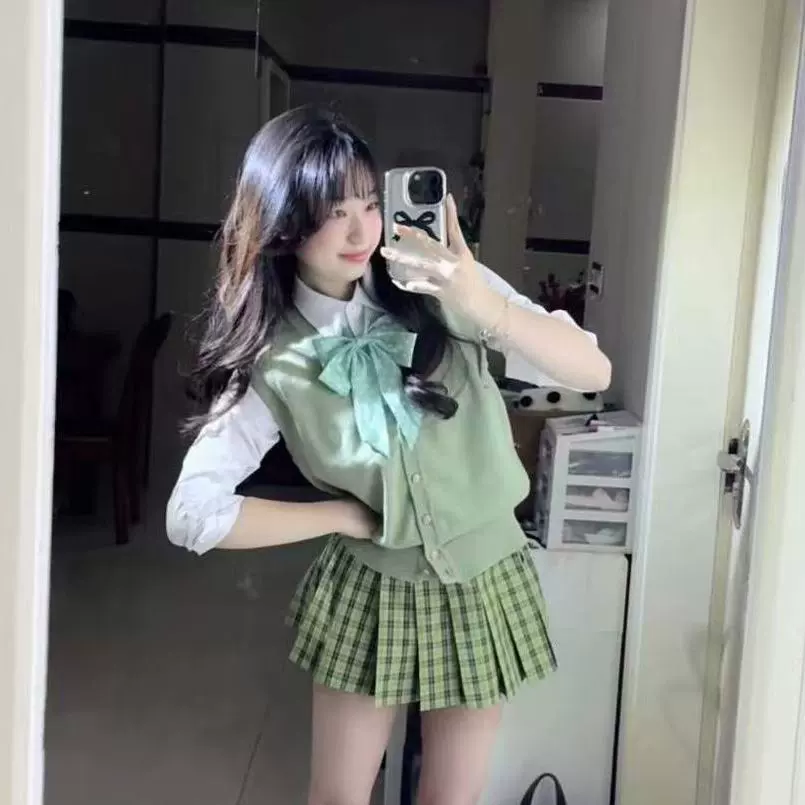 Униформа JK, костюм, кардиган, зеленый яблоко, зеленый жилет с свободной рубашкой с длинными рукавами, универсальная новая маленькая зеленая юбка сливового цвета