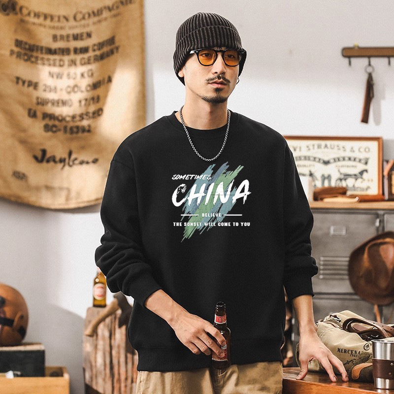 Nuevo pesado camiseta de cuello redondo otoño invierno primavera y otoño estilo chino masculino letras camiseta de manga larga suelta de moda