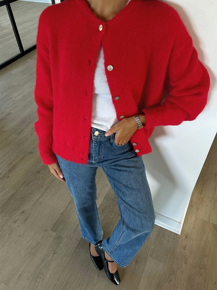 Áo khoác cardigan len nữ cổ tròn dài tay cài một hàng cúc phong cách retro thanh lịch — Màu trắng, Màu xám đậm, Xanh da trời, Xanh lá cây chi tiết 13