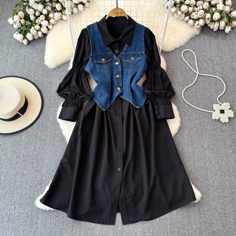 Korean Style Wearing Stacked Wearing Design suit Women's French Style Lantern Sleeve Shirt dress Denim Vest Two-piece Set