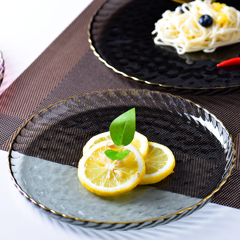 Golden edge fruit plate Nordic style ins creative suit glass plate household light luxury steak salad plate plate dinner plate Golden edge fruit plate Nordic style ins creative suit glass plate household light luxury steak salad plate plate dinner plate