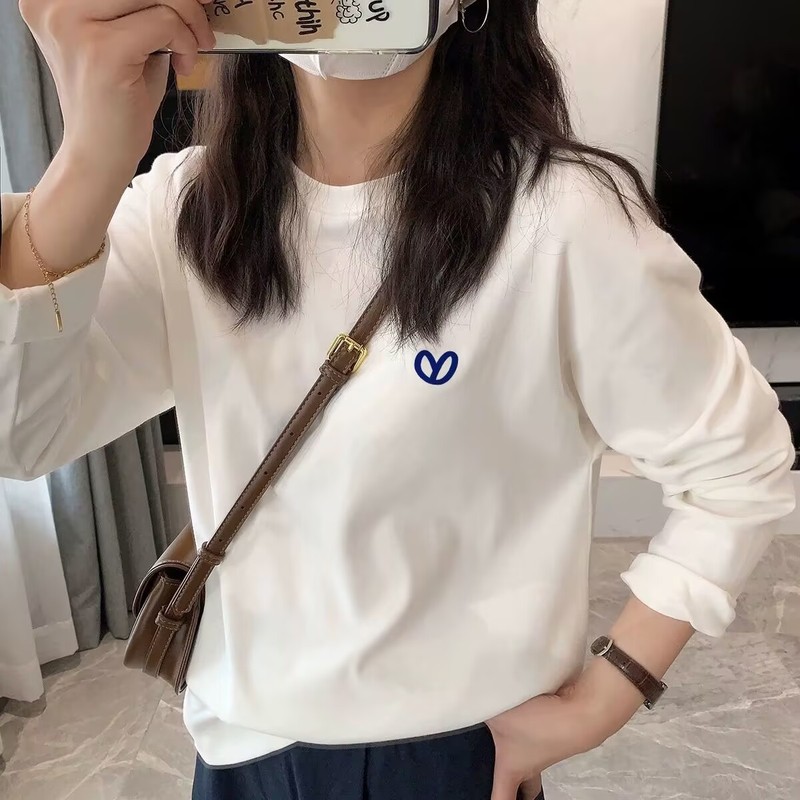 白色长袖t恤纯棉宽松圆领打底衫女内搭大码上衣秋季2025新款女装|undefined