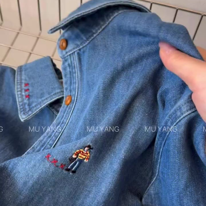 Muyang Is Endlessly Stylish! Korean Washed Embroidered Cartoon Denim Shirt for Layering in Autumn and Winter