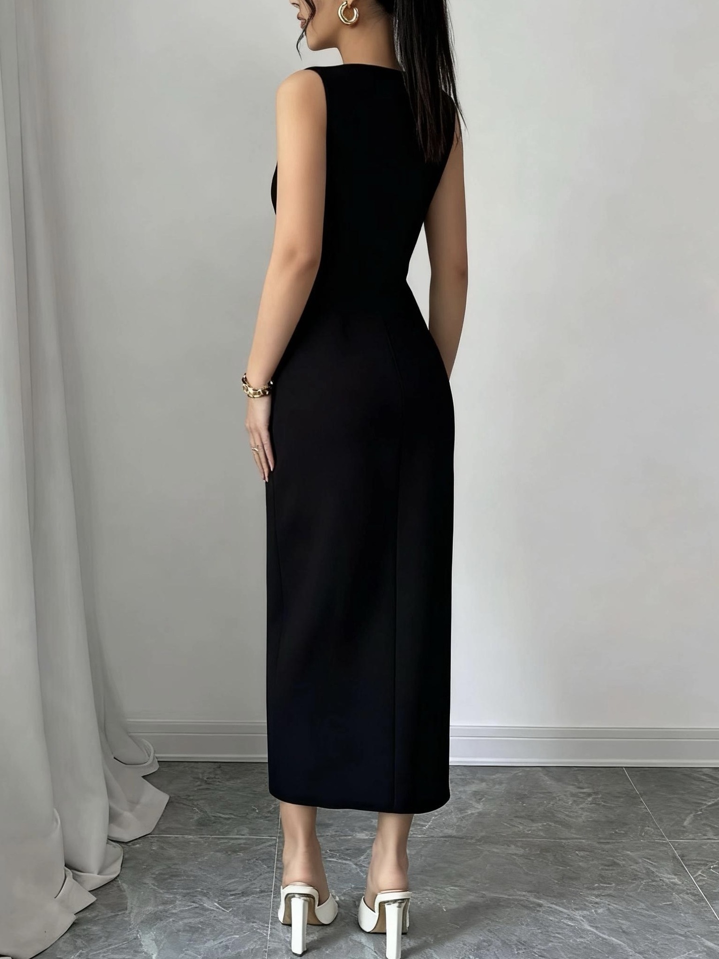 Elegant Knit Maxi Dress With High Slit – Stretchy Bodycon Long Dress For Women (Black, S-XL)_ecoleips.com