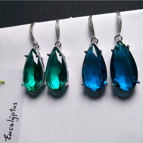 Xingheng jewelry wholesale imitation emerald ear hooks platinum-plated drop-shaped blue crystal ear hooks emerald drop ear hooks