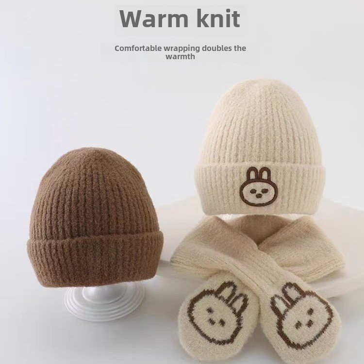 Baby Hat Winter Cute Korean Style Boys and Girls Rabbit Wool Hat Autumn and Winter Baby Knitted Hat Scarf suit_voghion.com