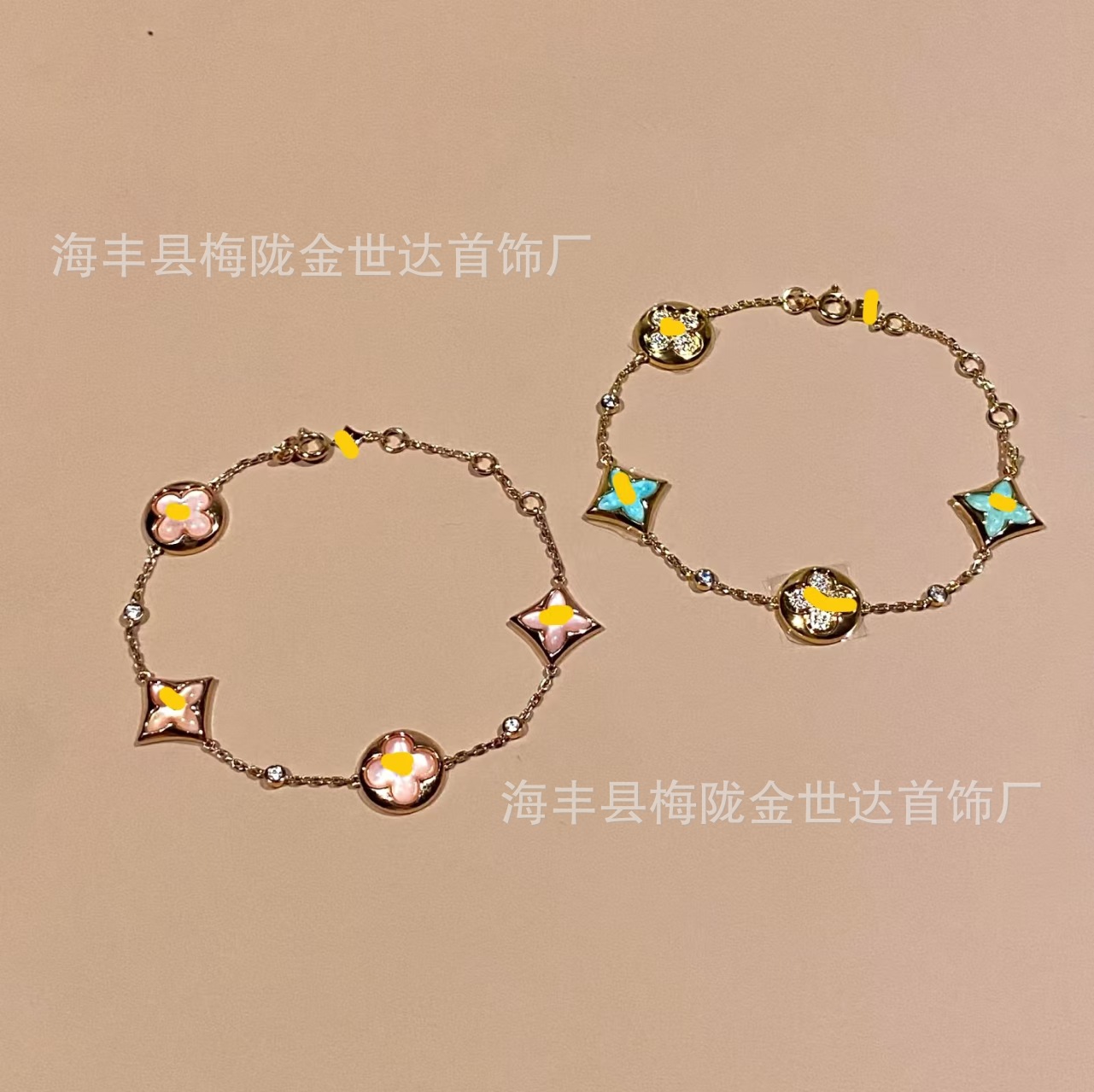 驴家新款高版本菱形四叶草四花五花手链女白贝母镀18K玫瑰v金项链