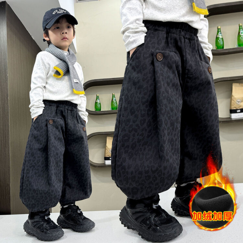 儿童豹纹裤子加绒加厚2025冬季男女童洋气时髦宽松束脚灯绒裤长裤