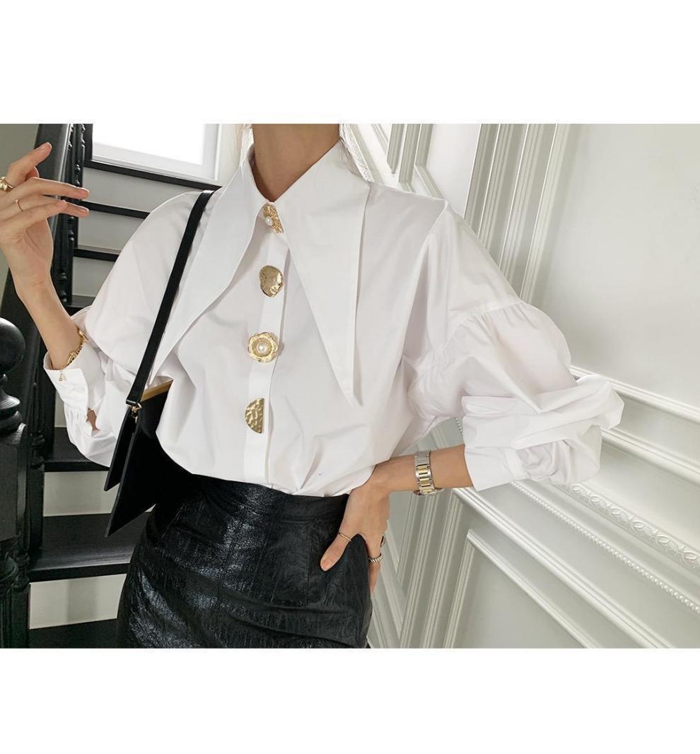 Pointed Collar Blouse for Women White Shirt with Abstract Print Office-to-Date A-Line Top Single Button Closure XS-3XL_voghion.com