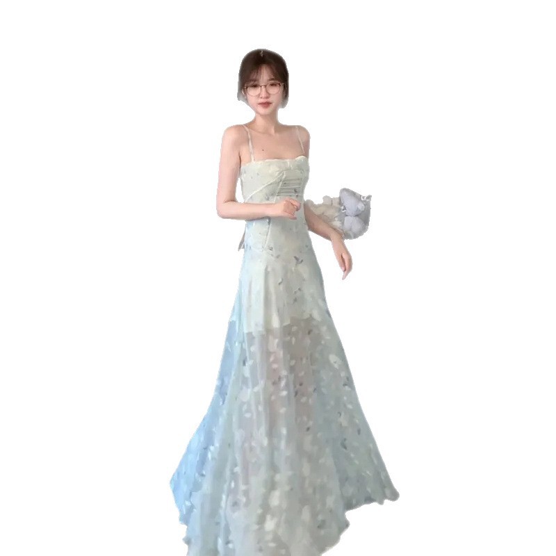 雰囲気のある紫色の花柄ウエストサスペンダードレス女性の夏の新しい純粋な欲望スタイルのハイエンドの絶妙で美しいロングスカート|undefined