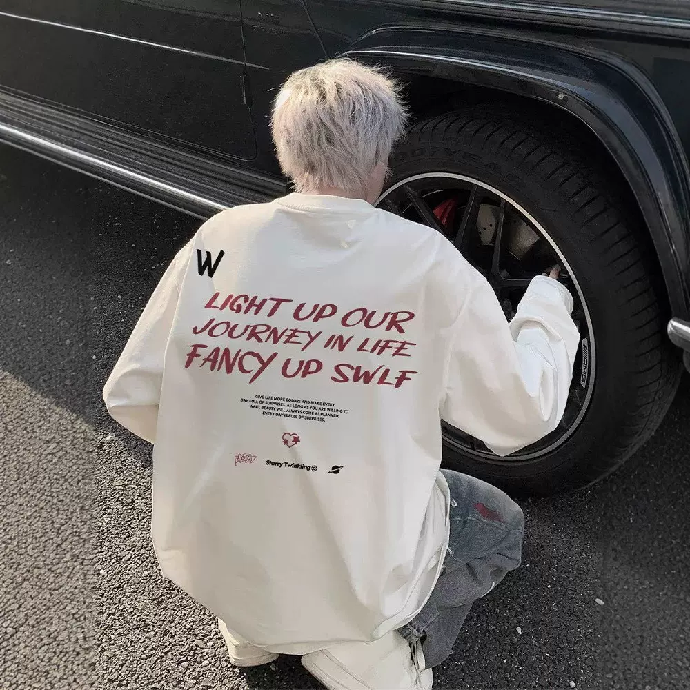 白色长袖t恤男春秋季2025新款美式纯棉打底衫设计感圆领秋衣上衣