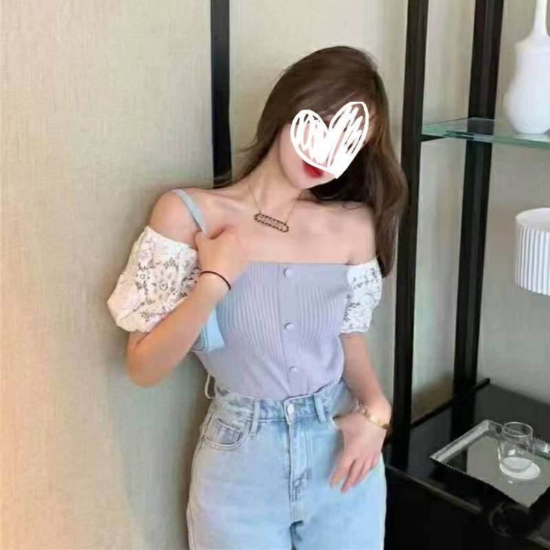Summer new one-shoulder collarbone-exposing knit top with lace puff sleeves, women's short-sleeve T-shirt, stylish