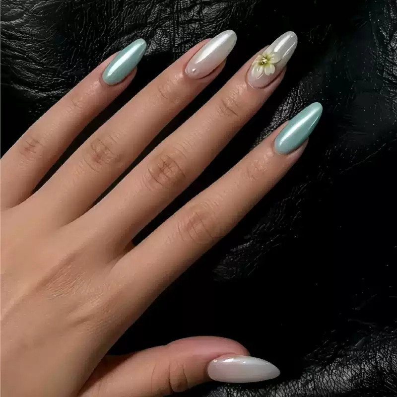 French-style blue minimalist short round press-on nails with 3D tropical flowers, wholesale French-style blue minimalist short round press-on nails with 3D tropical flowers, wholesale