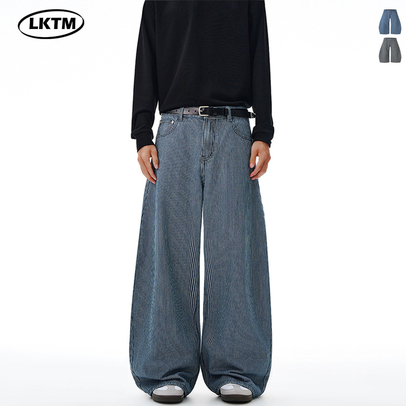 LKTM男装 复古简约竖条纹弯刀牛仔裤男女cleanfit宽松阔腿休闲裤