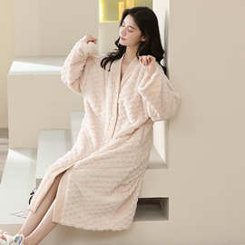 珊瑚绒睡袍女士冬季保暖浴袍加绒加厚法兰绒网红甜美秋冬长款睡裙