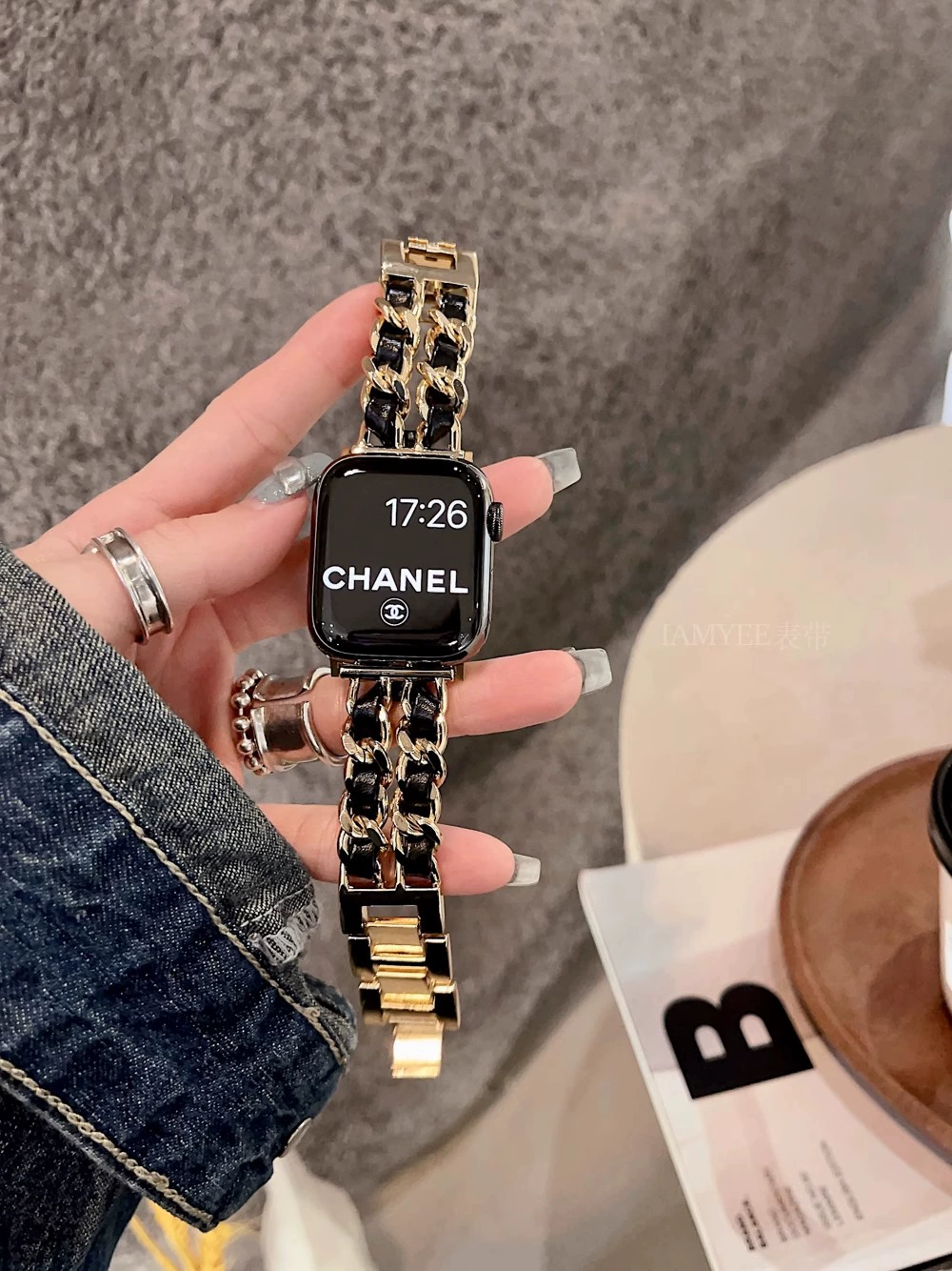 Стильный двурядный браслет из смешанной кожи с цепью для Apple Watch - универсционный металлический дизайн цепи
