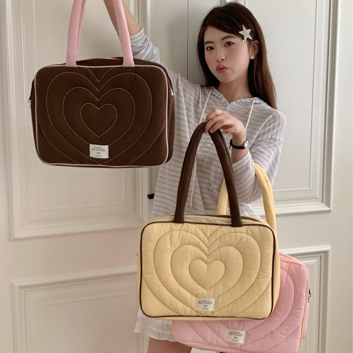 Korean quilted embroidered heart-shaped laptop shoulder bag suitable for MacBook, iPad 11-inch, 13-inch, 15-inch tablet bag