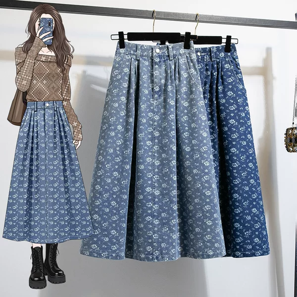 Ethnic Style Embroidered Dark Blue Versatile Denim Skirt Long Skirt Elegant Denim Skirt Women's Casual Flared Skirt Spring and Summer