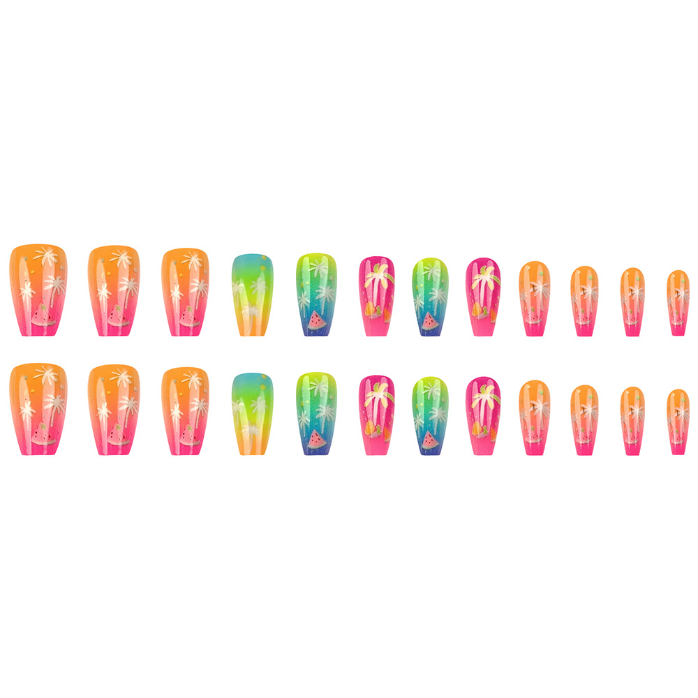 Manicura tropical fluorescente dulce y fresca con elementos de cocotero y sandía, uñas largas, puntas especiales para fiestas.