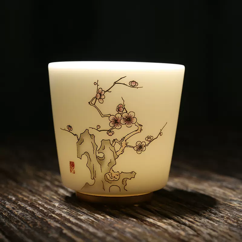 羊脂玉茶杯子办公室茶碗家用敬茶杯高端日式手绘茶道主人杯