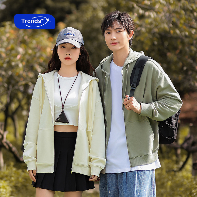 Heavy hooded sweater men's spring and autumn fashion brand loose solid color cardigan jacket versatile casual Hong Kong style zipper top clothes