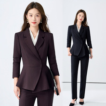 酒红色西装套装女春秋高端职业装正装外套酒店前台接待气质工作服