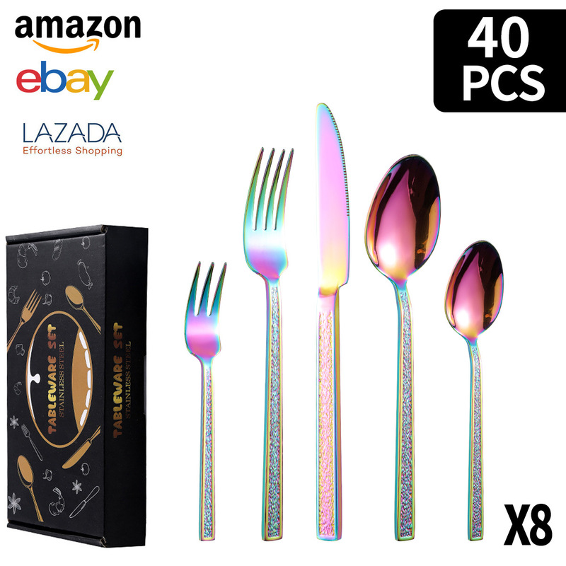 クロスボーダーステンレス食器角ハンドル石模様20/30/40/60ピースセットチタンメッキ洋食器ステーキナイフ、フォーク、スプーン|undefined