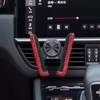 Car-Mounted Diamond-Encrusted Phone Holder, Car Navigation Support, Clip-On Air Vent, Multi-Functional and Versatile (Car phone holder) - red-diamond-mobile-phone-holder