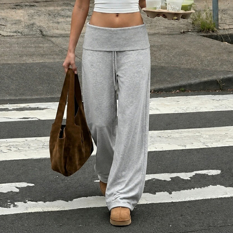 Solid Color Simple Versatile Slimming Straight-Leg Pants with Cuffed Drawstring Elastic Waist, Loose Drape, Soft and Comfortable Casual Knit Pants