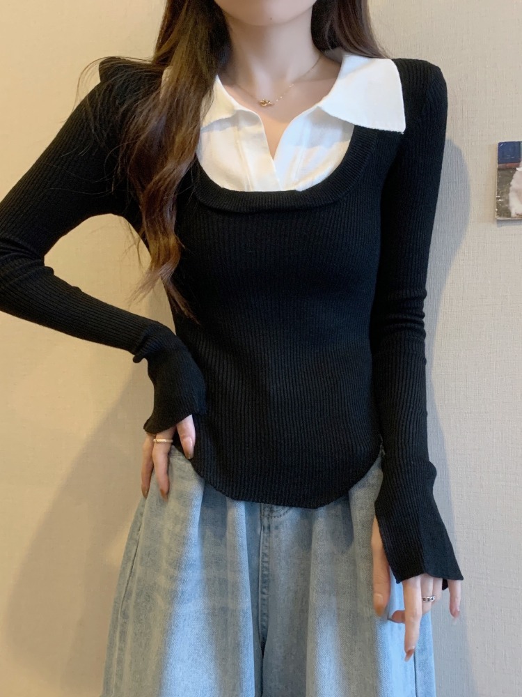 플러스 사이즈 가짜 2 피스 니트베이스 셔츠 여성의 가을과 겨울 슬림-세련된 짧은 폴로 칼라 탑 통통녀