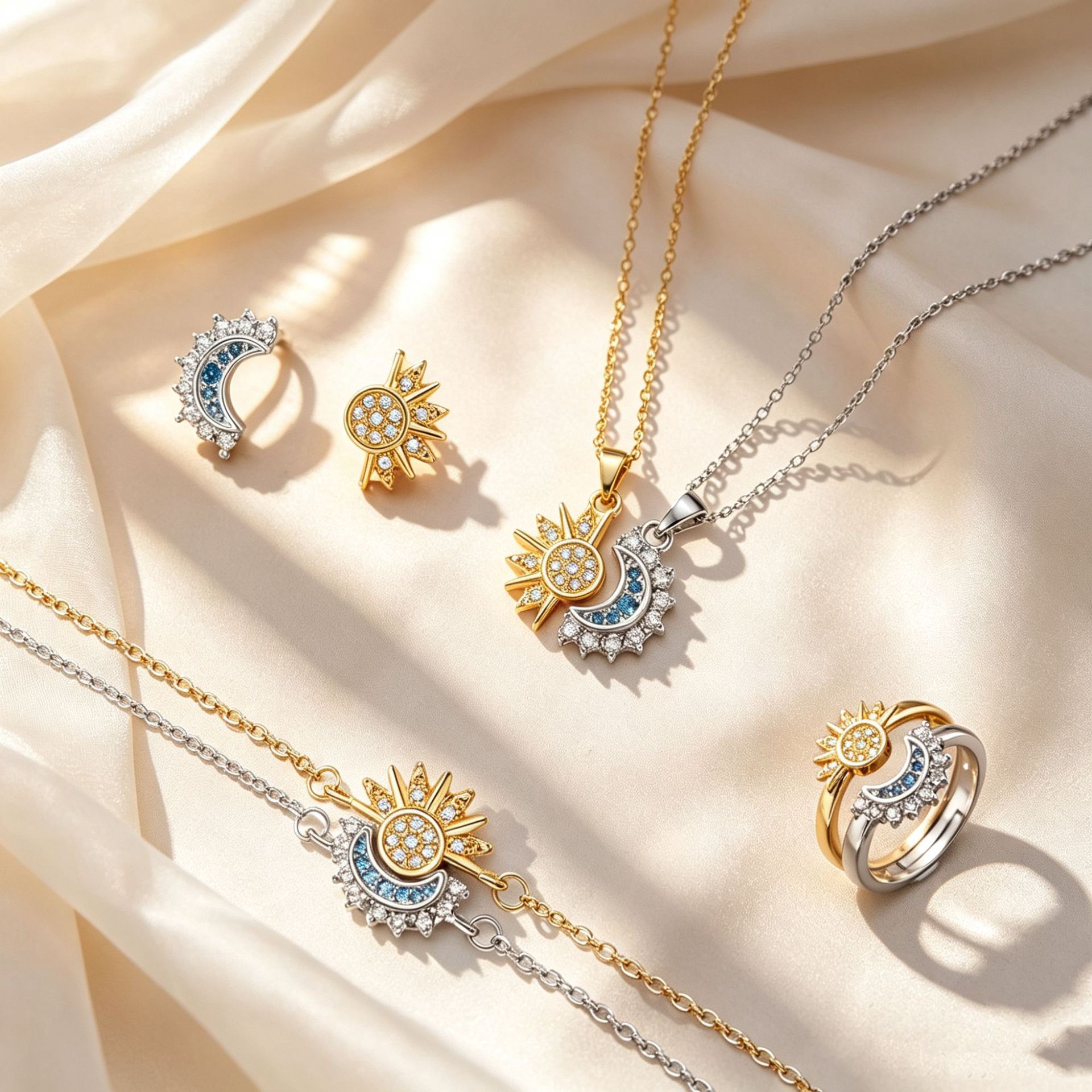 Cross-border new product: Sun and Moon micro-inlaid necklace for women, sun and moon jewelry set, personalized retro layered collarbone chain