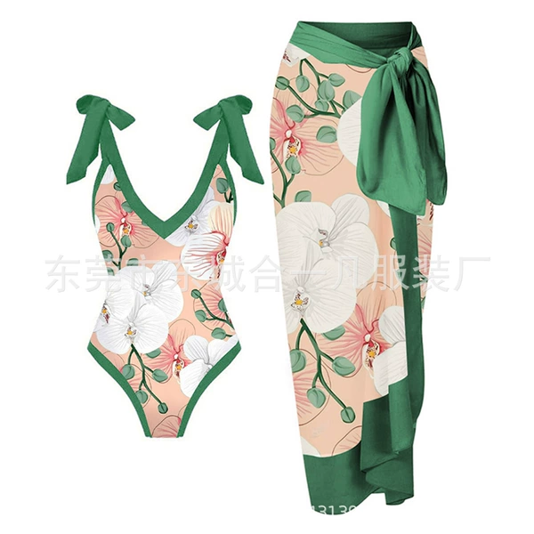 Pink floral green edge V-neck