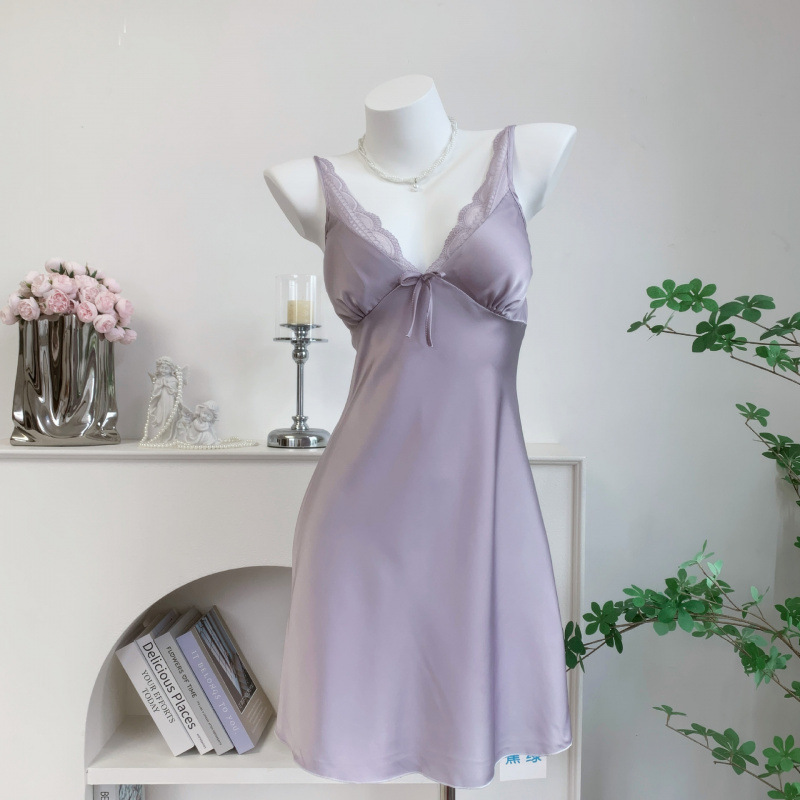 [Hera under the Moon] Sexy Pajamas Women's Summer Suspender Skirt Ice and Snow Ribbon Breast Pad Solid Color High-Quality Nightgown