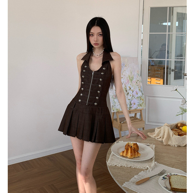 Palace-Style Buttoned Large Lapel Backless Dress for Women, Faux Denim A-Line Pleated Skirt