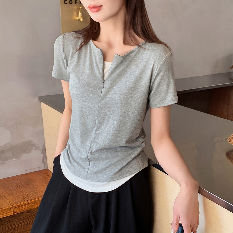 Fake Two-piece Base Shirt Short-sleeved T-shirt Women's Outer Wearing Spring and Summer Korean Style Slim-fit Slimming All-match Round Neck Top Student T