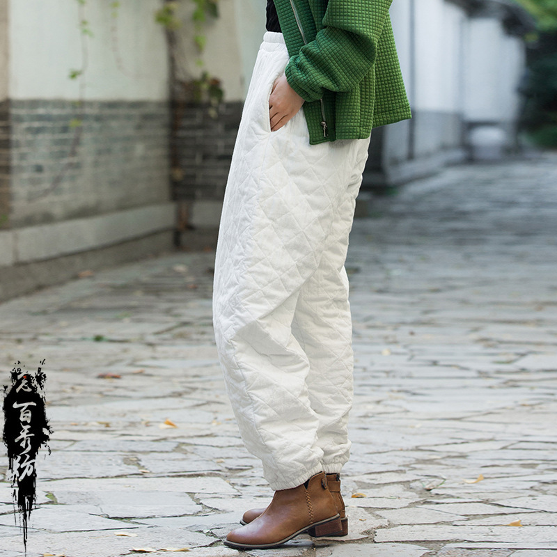 26 Winter Cotton and Linen Women's New Heavy Quilted Sand Washed Padded Thick Warm Loose Cuffed Pants Women's Cotton Pants
