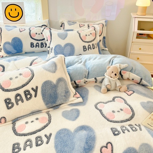 Snowflake velvet four-piece winter warm coral velvet cute cartoon style double-sided velvet 3D three-dimensional milk velvet four-piece set