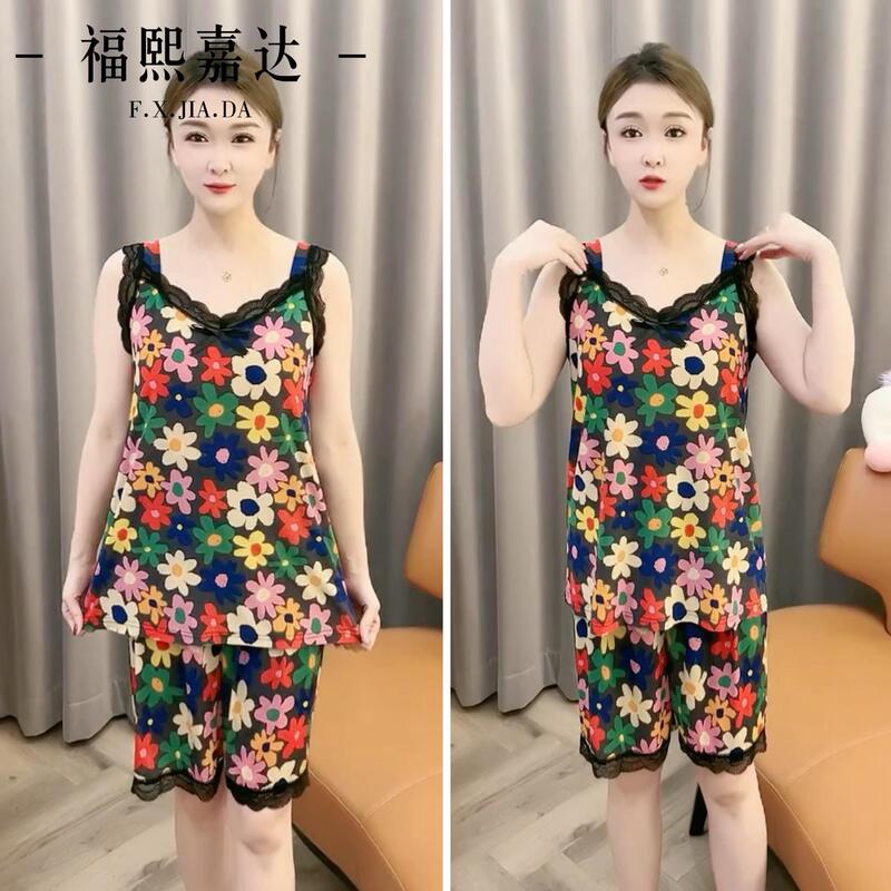 Hot Style Pajamas Women's Summer New Ice Silk Cool Sling Shorts suit Can Go Out Loose plus size Home Clothes