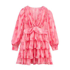 2026早春季新款花纹休闲舒适时尚简约宽松大码印花v领叠层蛋糕裙