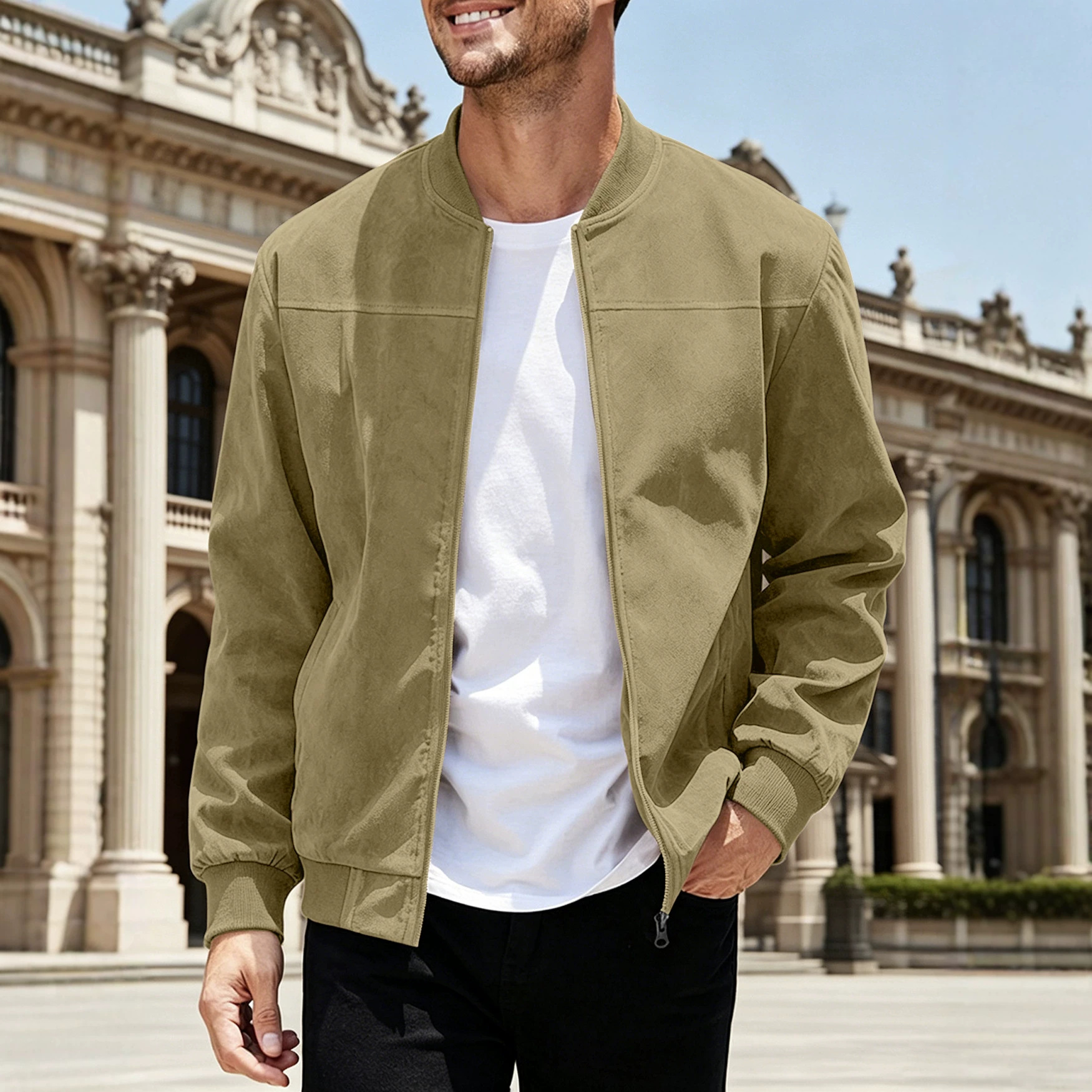 Amazon transfronterizo de caída de seda de color sólido chaqueta con cremallera de hombre retro manga larga comercio exterior chaqueta cardigan