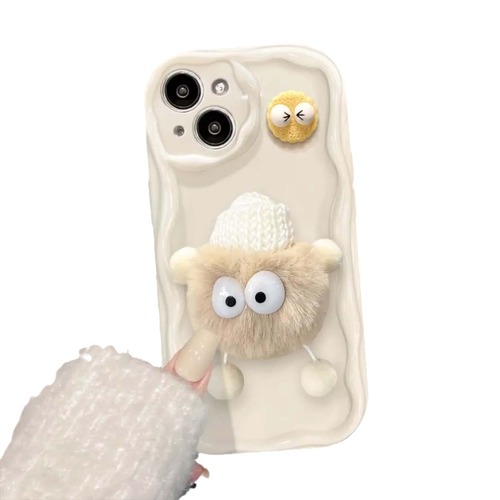INS-style cream shell 11, plush coal ball figure 12, suitable for iPhone 15 Pro Max, Apple 14 phone case 13