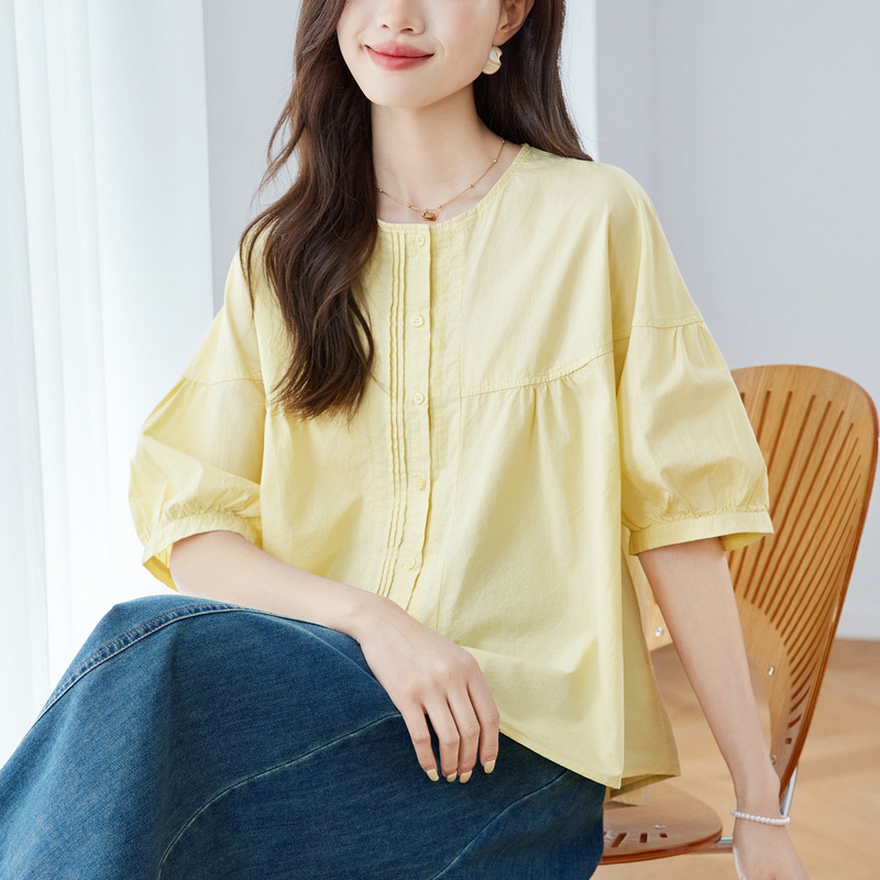 Cotton Cocoon Solid Color Pleated Short-Sleeve Babydoll Shirt for Women, 2026 Summer New Stylish Loose Slimming Shirt Short-Sleeve Top