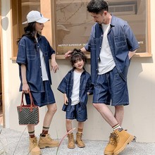 港风亲子装一家三口四口父子母子母女全家款薄款牛仔套装情侣夏装