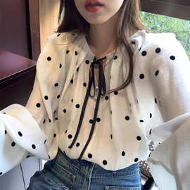 韩国东大门2025春新款别致蝴蝶结系带衬衫女防晒衫上衣波点小衫