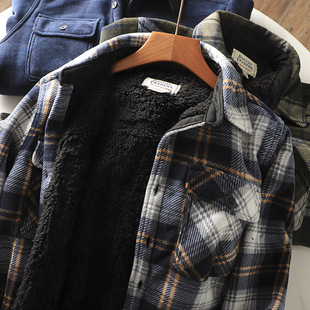 Old American Single Autumn and Winter Men's fleece-lined Thickened Warm Loose Lamb Wool Flannel Plaid Shirt X20