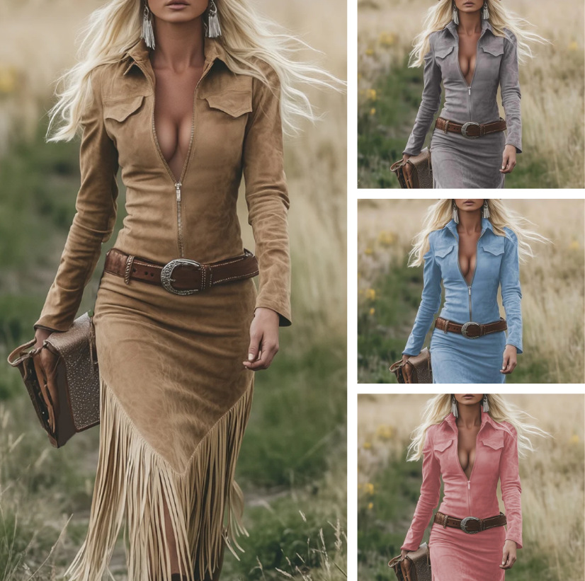 Women's Clothing Spring/Summer Retro Style Square Neck Suspender Tassel Dress_ecoleips.com