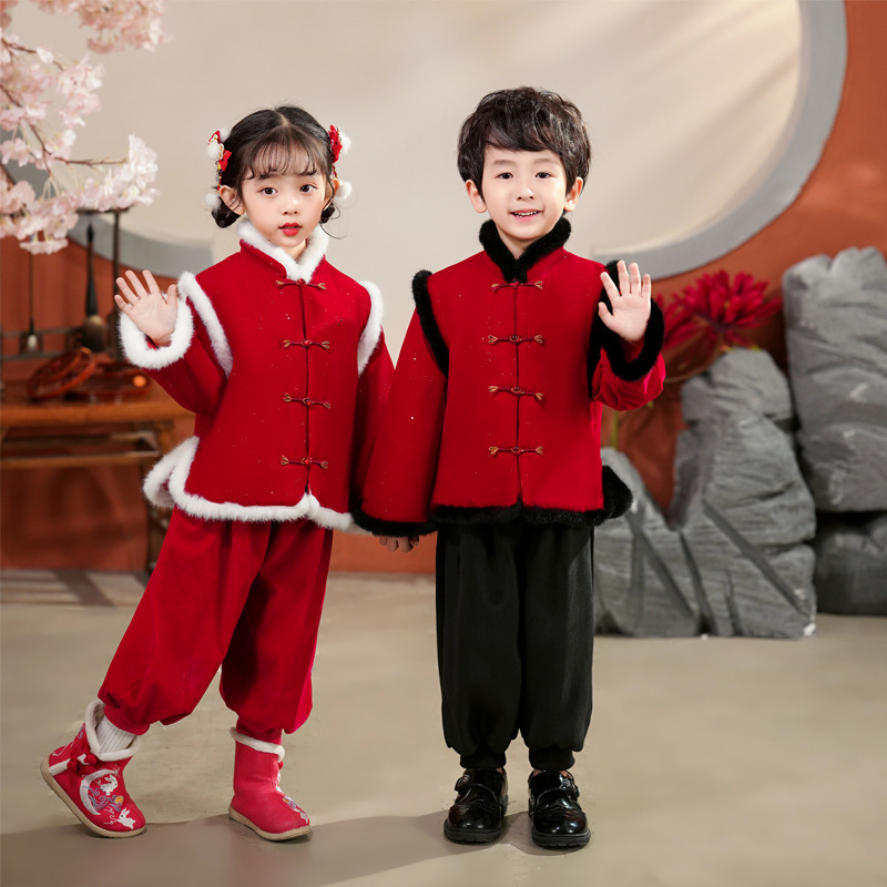 儿童拜年服唐装冬季汉服加厚男女宝宝红色喜庆服套装元旦表演出服