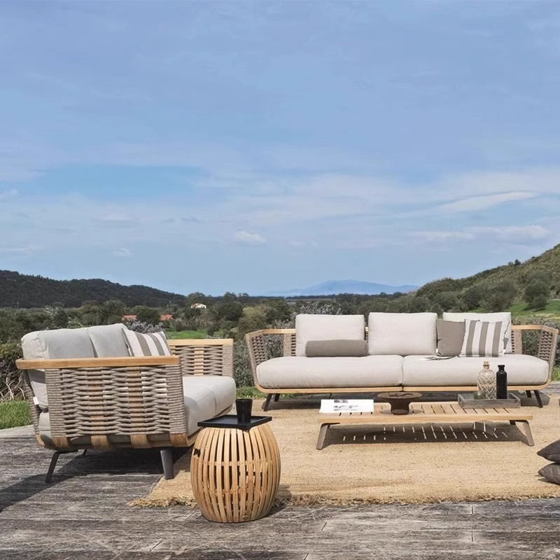 Fábrica personalizada sofá al aire libre patio teca caña sofá grupo villa caña sofá jardín ocio muebles al aire libre
