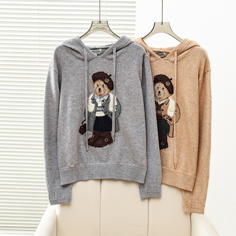 2025 New Autumn and Winter Women's Preppy Style Simple Loose Jacquard Hooded Knitwear Sweater Ttkw254Tw3K